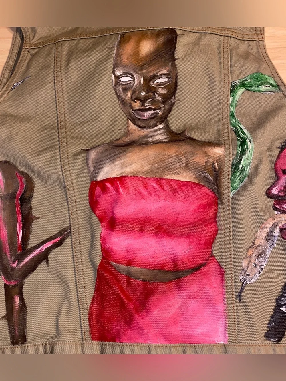 Custom Hand Painted Levi’s Vest Ladies Snakes Youth Large Green Denim Art